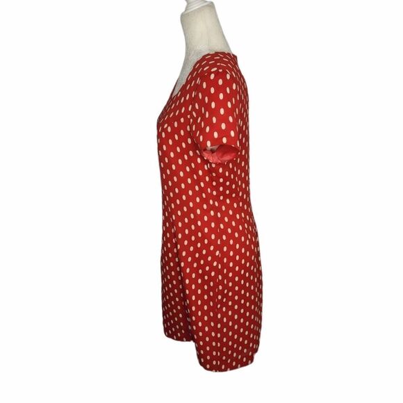 VINTAGE 90s dress red polka dot short sleeve sheath M - Picture 4 of 10